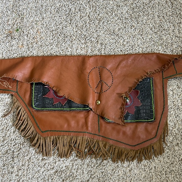 Hand Made Fringed Leather Waist Bag with Peace Sign - Picture 1 of 15